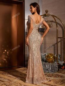 Vestido elegante de lentejuelas de red con contraste de cristales y flecos, corte ajustado tipo sirena, glamoroso para fiesta, cóctel, fiesta de boda, vestido de invitada de boda, vestido formal, vestido de noche