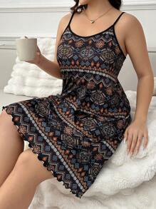Plus Size  Printed Casual Summer Sleepwear Cami Pajama Dress - Black - View 1
