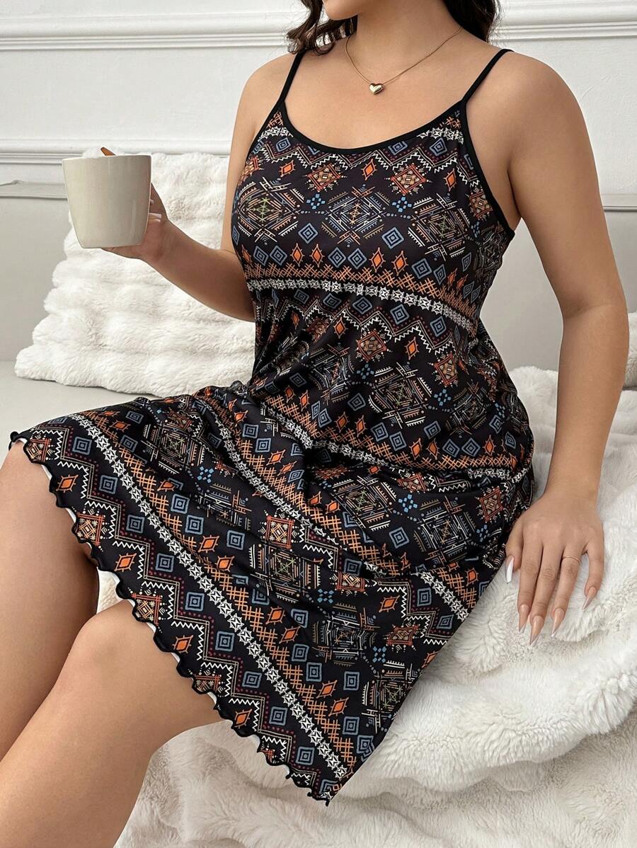 Plus Size  Printed Casual Summer Sleepwear Cami Pajama Dress - Black - View 1