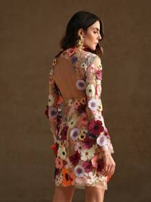 Anewsta 夏季性感鉛筆裙，配有3D花卉裝飾和網狀覆蓋 - 粉色 - 查看 6