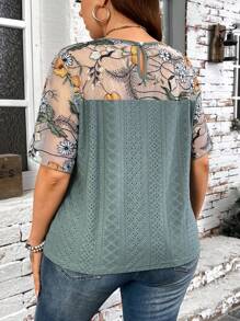 SHEIN CURVE+ Plus Size Embroidery Patchwork T-Shirt, Suitable For Summer Vacation, Curve Plus, Boho Vacation - Green - View 4