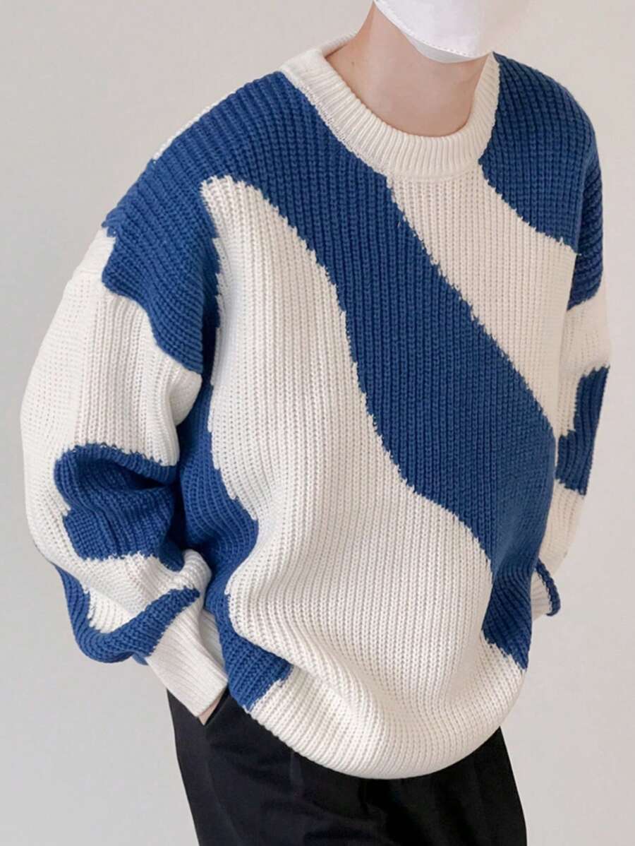 Áo len cổ tròn in họa tiết bò sữa phối màu tương phản, mẫu mới Thu Đông của White Joy, thích hợp cho Giáng sinh, Năm mới, tay dài. - Xanh và trắng - Xem 1