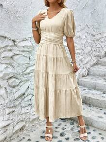 SHEIN LUNE Damska świąteczna, swobodna, jednokolorowa sukienka z rękawami latarniowymi i marszczoną talią