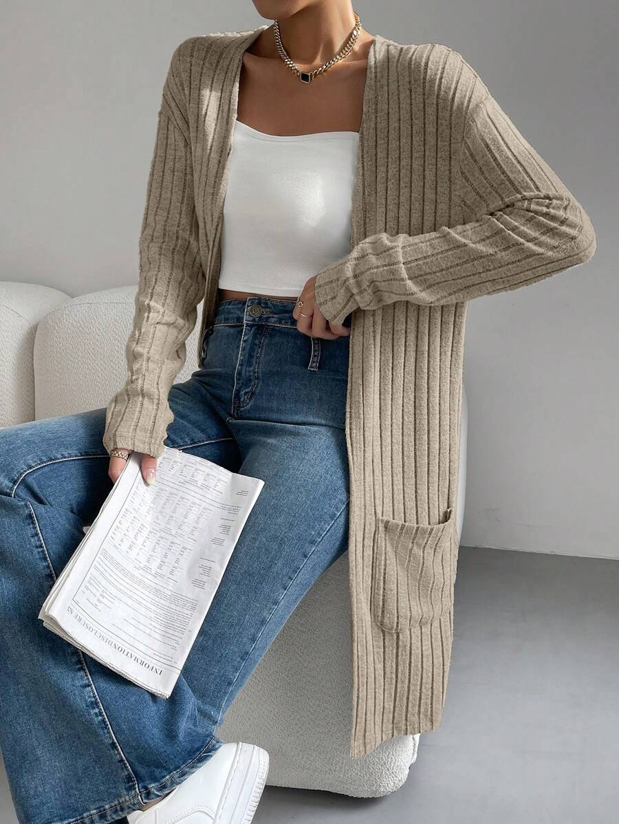 SHEIN Essnce Dual Pocket Drop Shoulder Open Front Coat In Fall/Winter