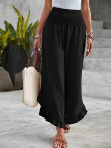 SHEIN LUNE Chất rắn Xù Hoa Sen Quần ống rộng - màu đen - Xem 1