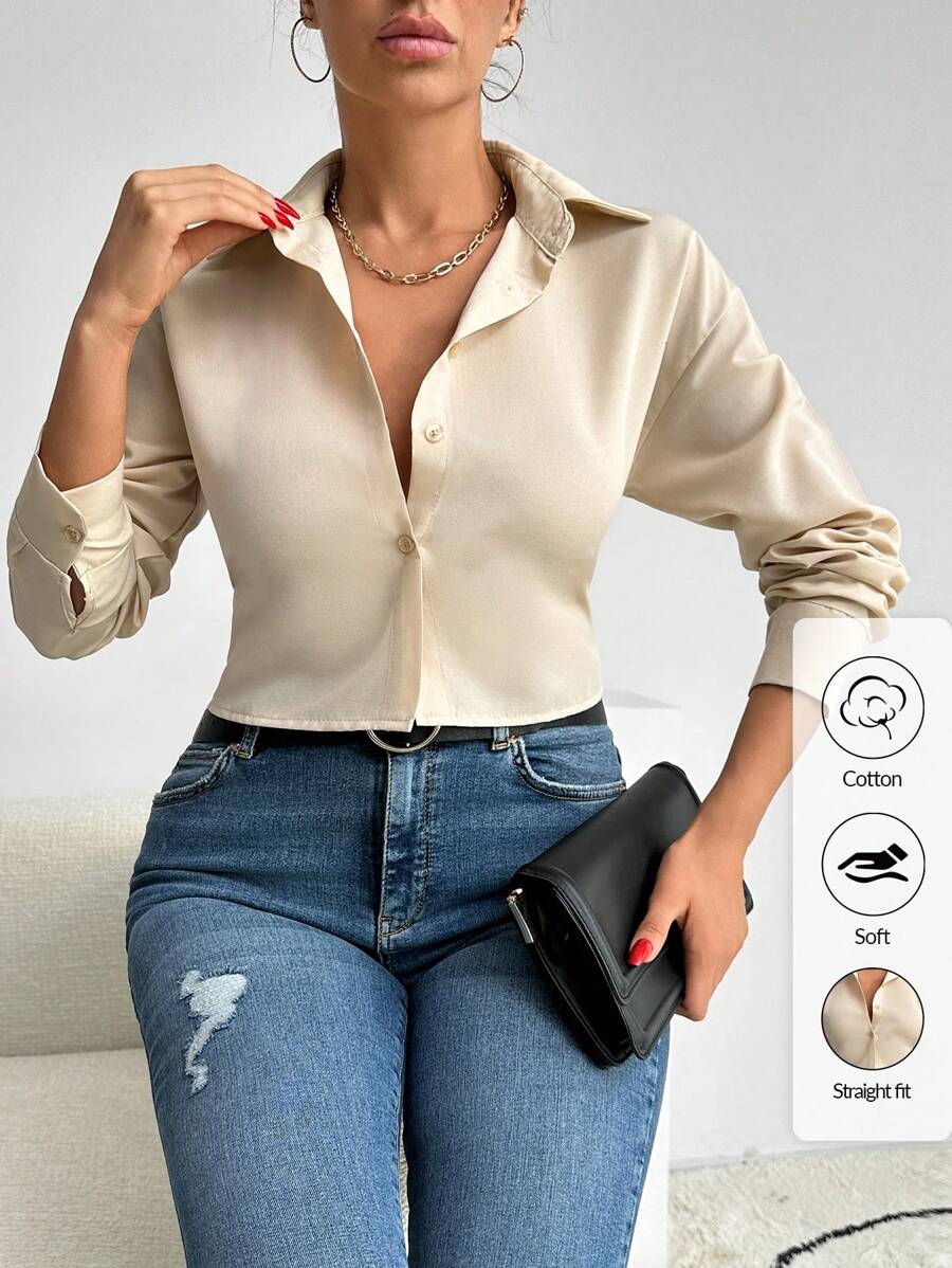 EURMUSE Cămașă ocazională de zi cu zi cu mânecă lungă de damă, primăvară/vară - Bej - Vizualizare 1