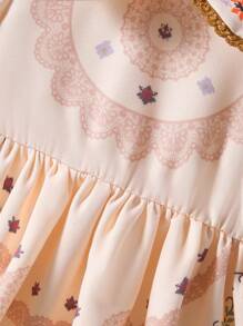 Baby Girls' Vintage French Lady Style Dress For Spring And Summer, With Lace, Printed Flowers, Peter Pan Collar, Short Puff Sleeves And Puffy Hemline