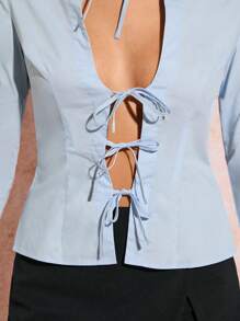 SHEIN BAE 海軍藍返校穿搭，簡約休閒高街風打結長袖女襯衫，休閒女裝襯衫，秋季服裝，純色襯衫，性感襯衫 - 藍色 - 查看 6