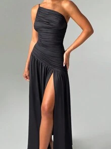 WOWDARK 夏季连衣裙，黑色性感开衩A字褶皱不对称肩部派对礼服，优雅鸡尾酒会礼服，适合情人节、派对、度假