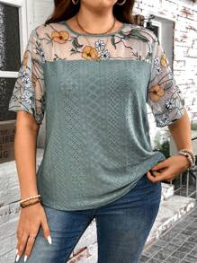 SHEIN CURVE+ Plus Size Embroidery Patchwork T-Shirt, Suitable For Summer Vacation, Curve Plus, Boho Vacation - Green - View 6