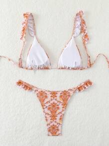 SHEIN Swim Conjunto de bikini sexy con estampado floral y volante para mujer para playa de verano, impresión aleatoria