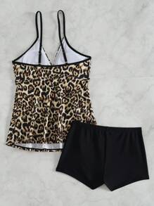Leopard Print Cami Top & Solid Shorts Tankini Summer - Black - View 2
