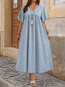EMERY ROSE Plus Size Women's Vacation Loose Ditsy Floral V-Neck Short Sleeve Babydoll Teacher Dress For Summer,Beach Sundress,Holiday Outfits Boho,Flower/Spring - Blue - View 1