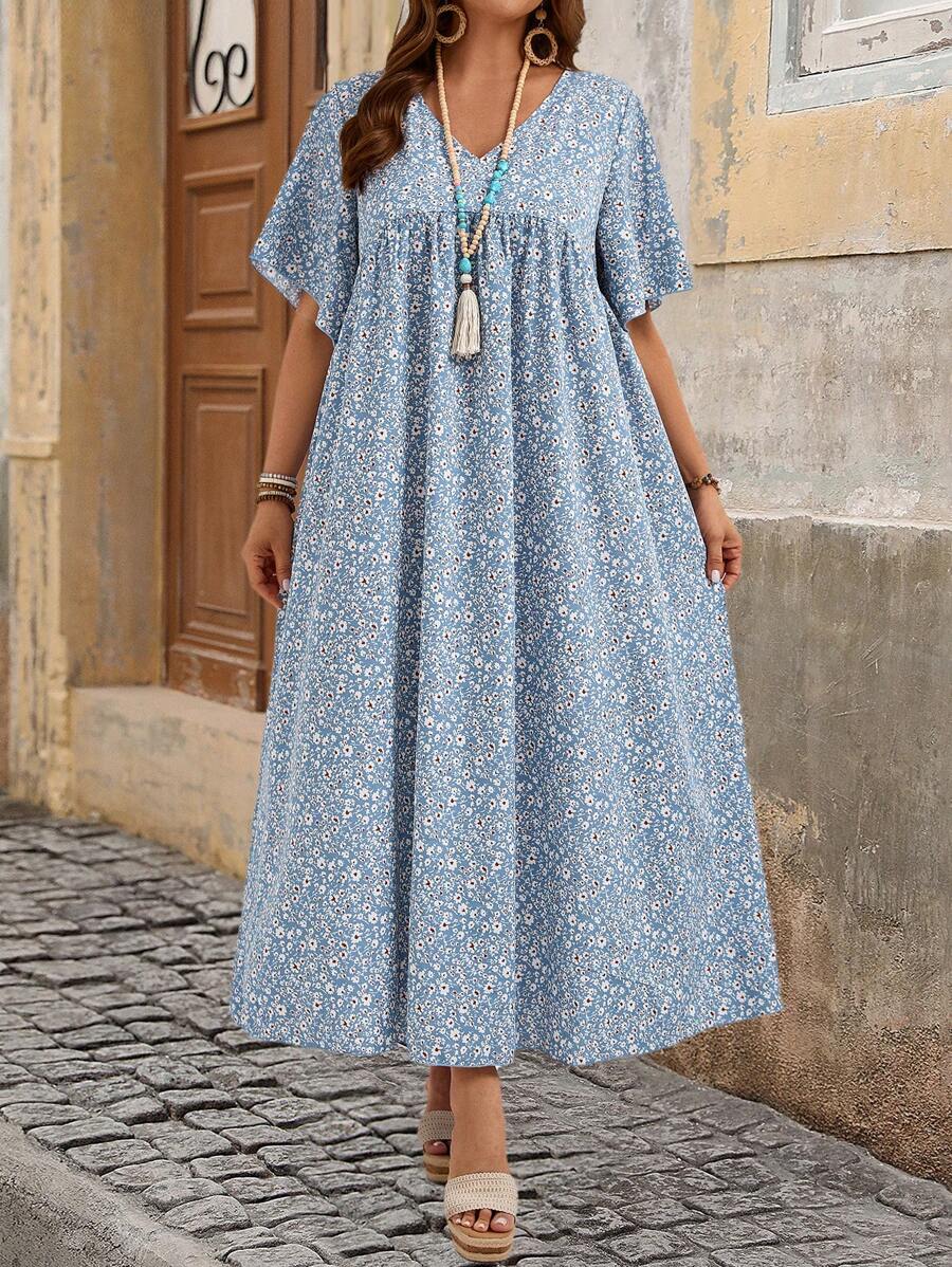 EMERY ROSE Plus Size Women's Vacation Loose Ditsy Floral V-Neck Short Sleeve Babydoll Teacher Dress For Summer,Beach Sundress,Holiday Outfits Boho,Flower/Spring - Blue - View 1