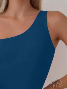 SHEIN Swim One Shoulder Solid One Piece Swimsuit For Summer - Blue - View 4