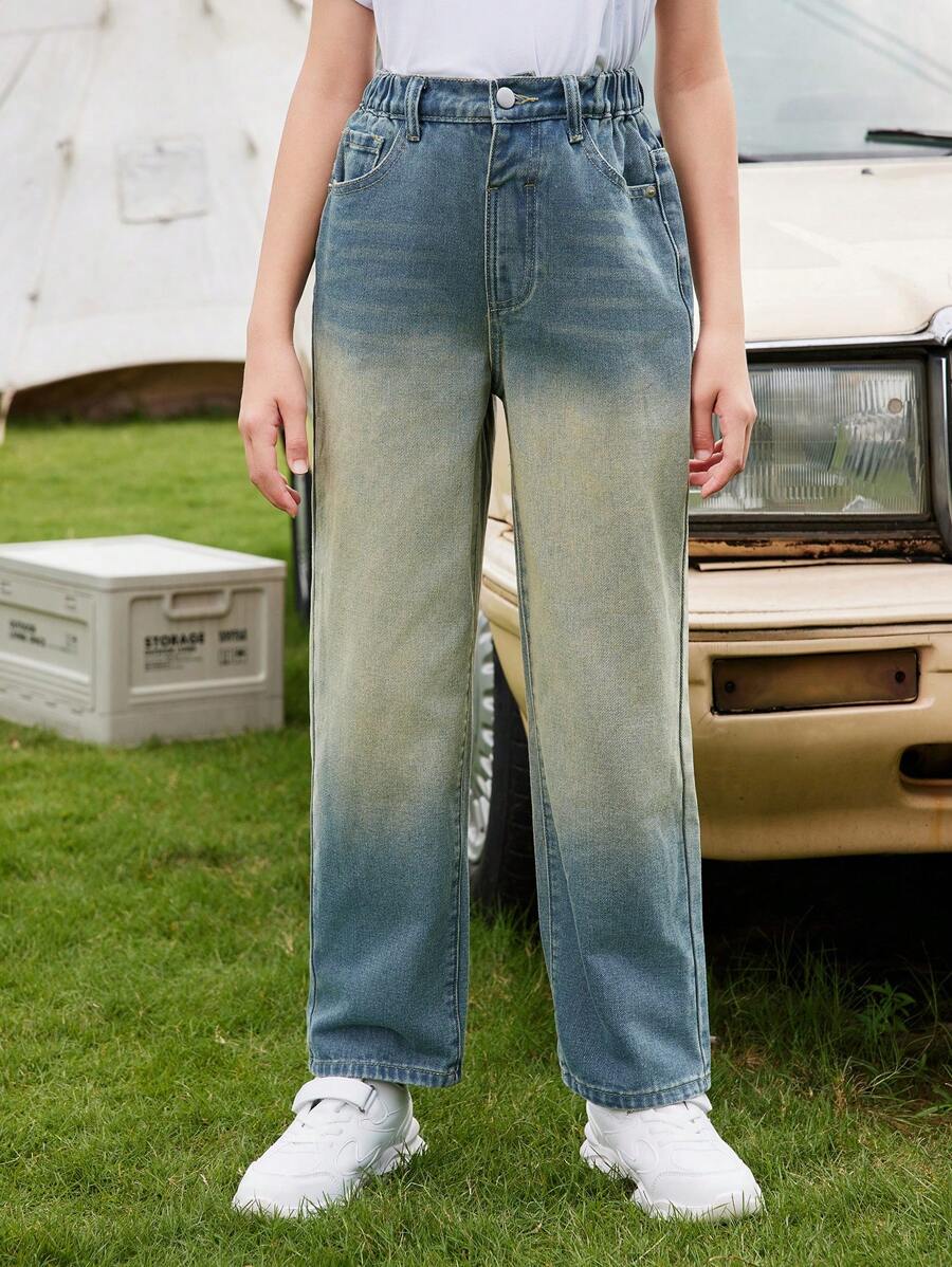 Girls' Fashionable Retro Wide Leg Denim Jeans, Medium Wash Blue - Medium Wash - View 1