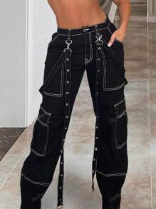 Pantalones casuales de mujer tipo utility con parches y cordón con ojetes