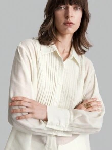 Ontre Áo kiểu cơ bản dành cho nữ, màu kem, không nhăn, trang phục công sở bình thường, mùa thu - trắng - Xem 6