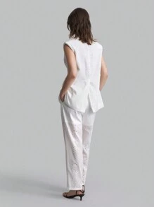 Women Embroidered Solid Woven Suit Set, Sleeveless Business Dress & Linen Pants Set, Office Formal Wear - White - View 2