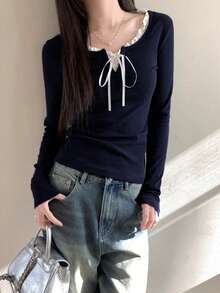 Women's Frill Trim Front-Tie Long Sleeve Casual T-Shirt, Spring And Summer