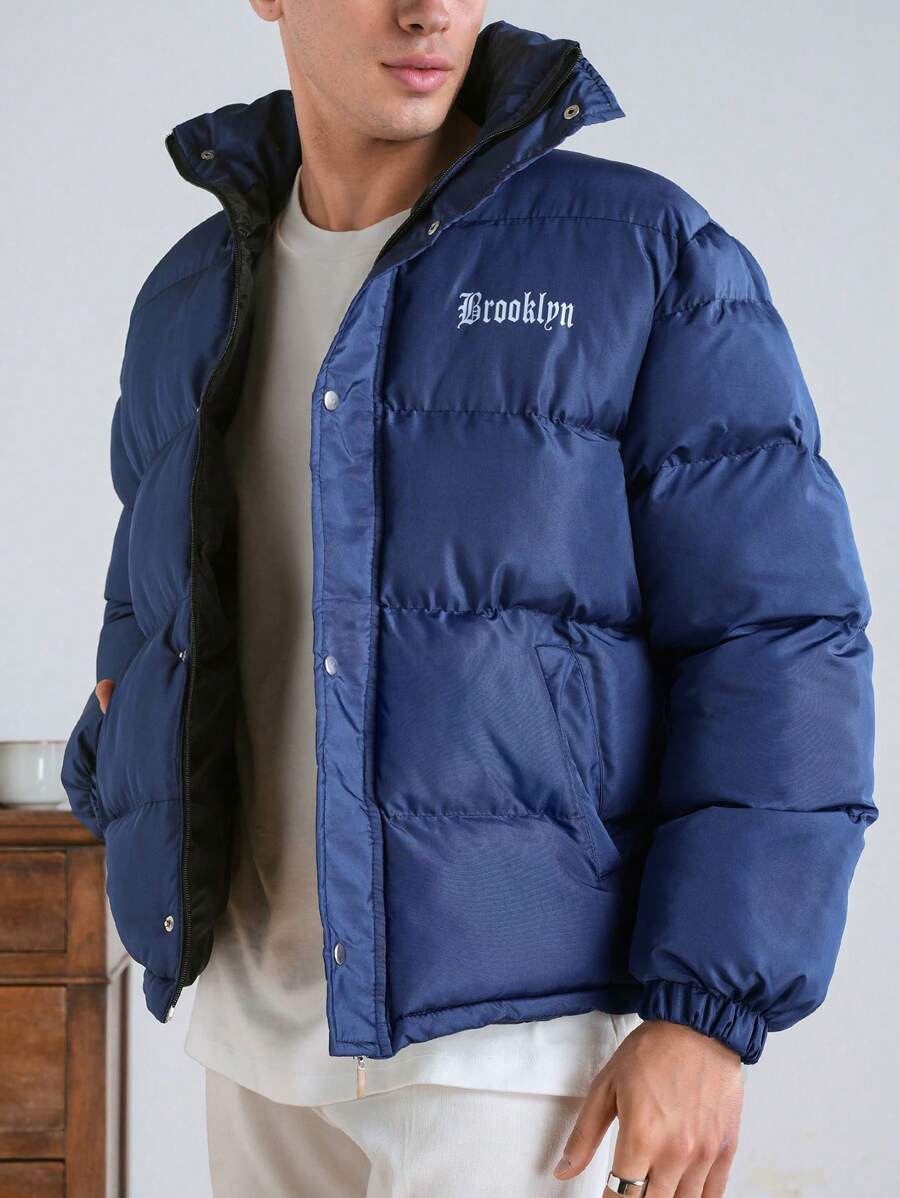 RueChic Men's Simple All-Match Jacket With Front And Back English Print And Stand Collar For Winter - Navy Blue - View 1