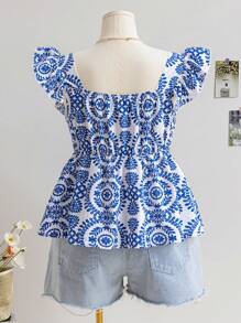 Soleia 大码波西米亚风女士复古浪漫中式印花甜心领荷叶袖休闲度假衬衫，适合夏季穿着 - 藍白色 - 查看 2