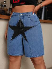 SHEIN ICON Shorts de mezclilla con estampado de estrellas en tamaño grande
