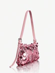 SHEIN SXY Solid Color Sequin Women's Shoulder Bag Suitable For Daily Use, Dating And Gifting Valentines - Pink - View 4