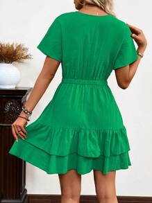 SHEIN LUNE 夏季實心荷葉邊A字裙 - 綠色 - 查看 2