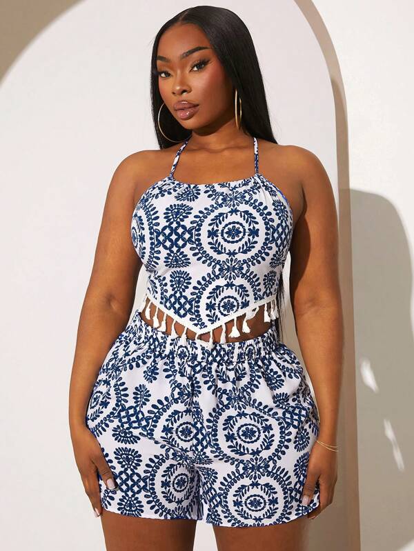 SHEIN SXY Plus Plants Print Fringe Hem Halter Top & Shorts For Summer Vacation,Holiday Outfits Boho