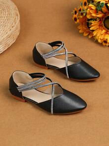 Girls' Flat White Party Shoes With Fashionable Pearls - Black - View 1