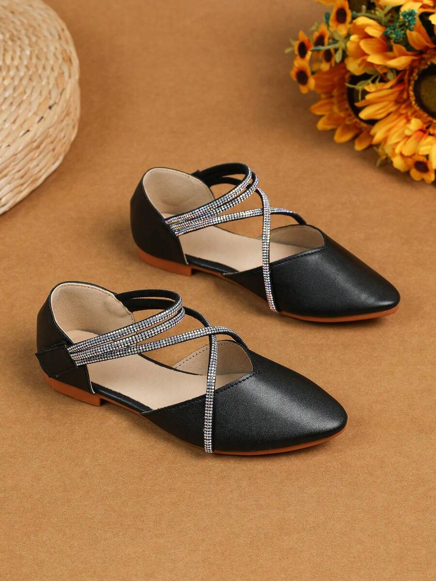 Girls' Flat White Party Shoes With Fashionable Pearls - Black - View 1