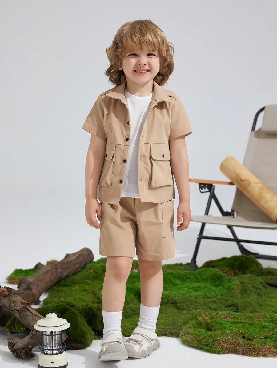 SHEIN 2 Piezas Conjunto De Camisa Y Pantaloneta Casual Y Deportivo Para Jóvenes. Con Cuello De Pie, Bolsillos 3d. Adecuado Para Uso Diario, Escuela, Viajes Y Deportes En Primavera Y Verano - Caqui - Ver 1