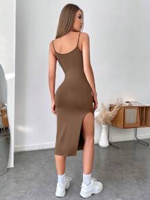 SHEIN Essnce Vestido de tirantes con dobladillo dividido sólido - Marrón Mocha - Ver 2