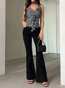 SHEIN Privé 女士豹紋性感背心上衣，採用垂墜式前襟，適合辦公和通勤 - 灰色 - 查看 3
