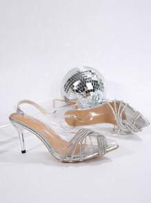 Sandalias de tacón alto con cristal únicos y elegantes, de punta estrecha con tacón de stiletto transparente y diamantes de imitación, elegantes para citas, reuniones, fiestas, banquetes y ir a trabajar en verano