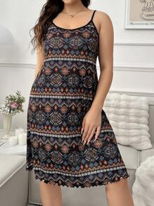 Plus Size  Printed Casual Summer Sleepwear Cami Pajama Dress - Black - View 4