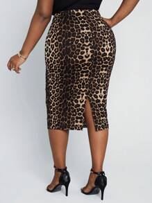 SHEIN Lady Plus Size Women's Elegant Leopard Print All-Match Slim Fit Pencil Skirt - Multicolor - View 3