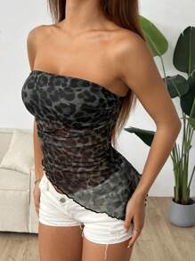 SHEIN EZwear 夏季不對稱翻領豹紋無肩帶背心上衣 - 軍綠色 - 查看 5