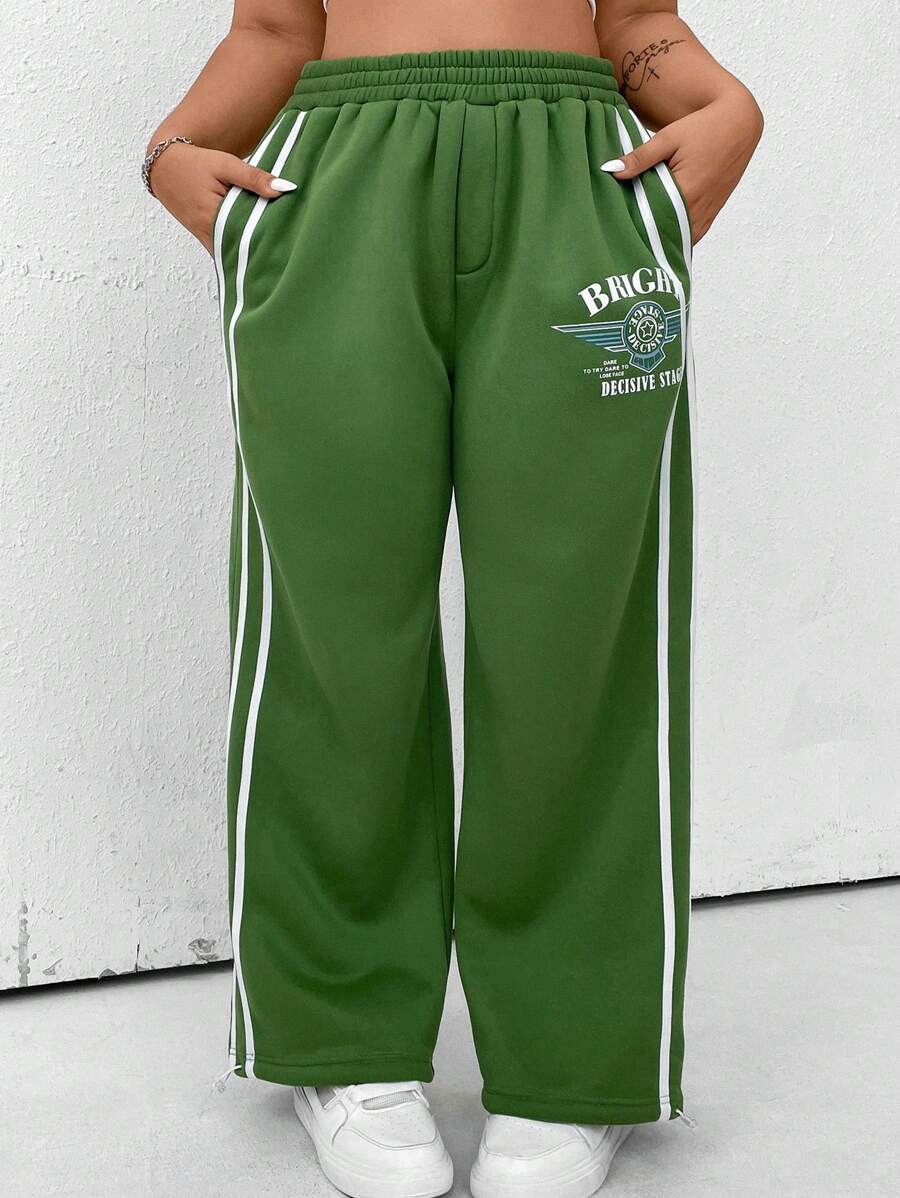 Flirla Plus Letter Graphic Contrast Tape Side Sweatpants - Green - View 1