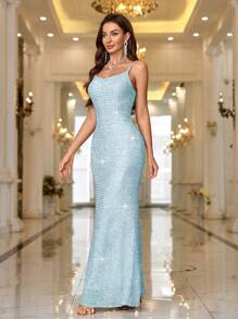 SHEIN Belle Vestido de noche elegante de mujer con lentejuelas y tirantes de espagueti de corte ajustado, para fiesta de graduación, cena, ropa de fiesta festiva - Celeste - Ver 5