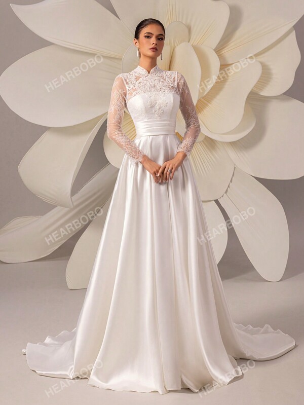 HEARBOBO High-End Lace Embroidered Long Sleeve Satin Trailing Wedding Dress
