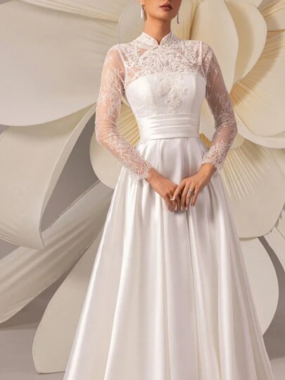 HEARBOBO Vintage Bohemian Style White Wedding Dress, Featuring Stand Collar And Delicate Contrast Lace Long Sleeves Design, Perfectly Showcasing The Elegant And Graceful Bride Vibe. Spring
