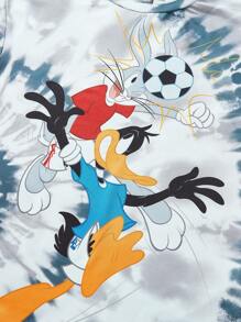 LOONEY TUNES X SHEIN Ensemble T-shirt à manches courtes à épaules tombantes imprimé avec dessins animés cool et short pour garçon 'adolecent en teinture grise pour l'été