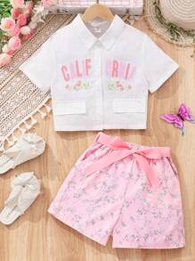 SHEIN Set de ținute cu top brodat și pantaloni scurți imprimați pentru fete adolescente