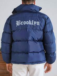 RueChic Men's Simple All-Match Jacket With Front And Back English Print And Stand Collar For Winter - Navy Blue - View 2