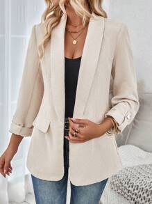 SHEIN LUNE 狹領休閒通勤灰色灰條紋人造絨布女士西裝外套，必備 - 卡其色 - 查看 5