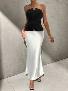 SHEIN Privé Vestido midi elegante y sencillo para mujer con cremallera frontal, cintura ceñida y falda con cola de pez en blanco y negro - perfecto para ir al trabajo, citas, bodas y la vuelta a clase - Multicolor - Ver 4