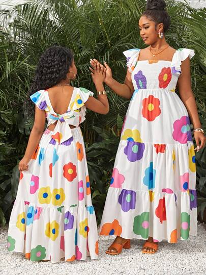 SHEIN SLAYR KIDS Tween Girl Vacation Casual Woven Colorful Floral Back Bowed Square Neck Ruffle Trim Dress, Mommy And Me Matching Outfits (2 Sets Sold Separately), Summer