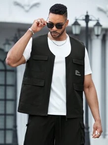 Manfinity Homme Chaleco con gráfico de letras y bolsillo con solapa para tallas grandes